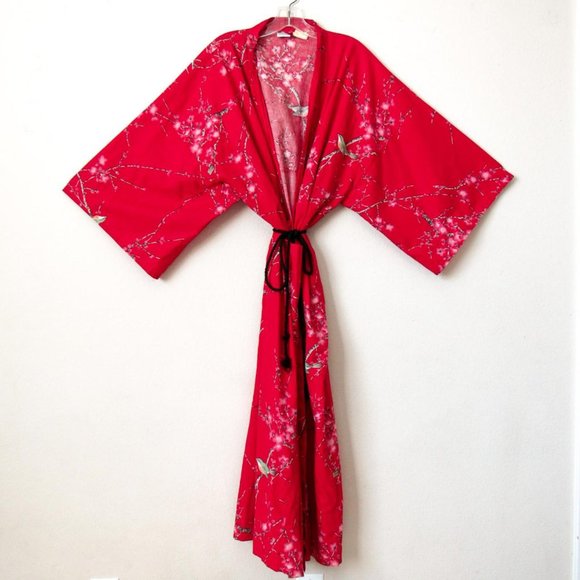 VINTAGE Red Floral Print Kimono Cotton Duster Jacket - Picture 2 of 4